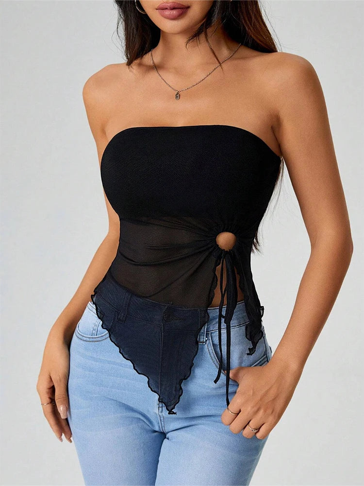 Women's Tanks Summer French Trendy Plain Cut Out Asymmetrical Hem Sleeveless Off Shoulder Tube Milkmaid Tanks