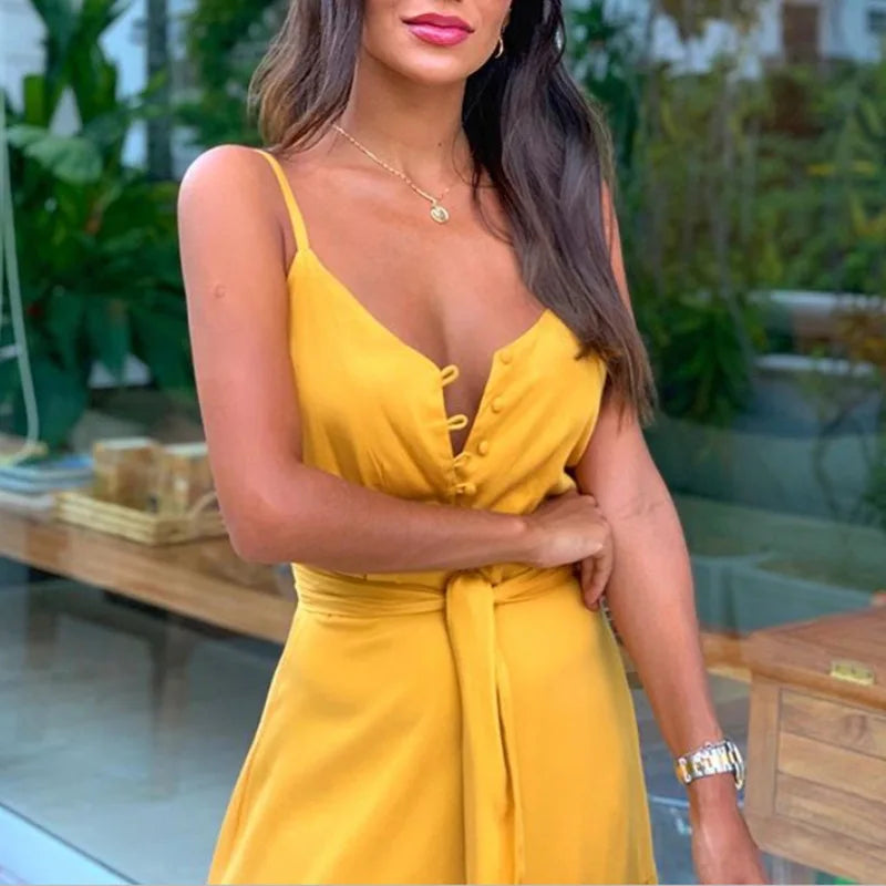 Summer New Women's Clothing European Style Unique Button V-neck Spliced Tank Dress Long Dress Sleeveless