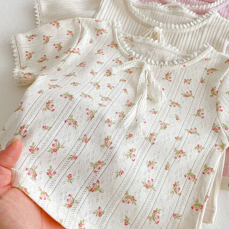 New Summer Kids T-shirt Boys Cute Hollow Out Floral Tops Children Thin Style Pit Strip Lace Girls Tee 1-5T Unisex