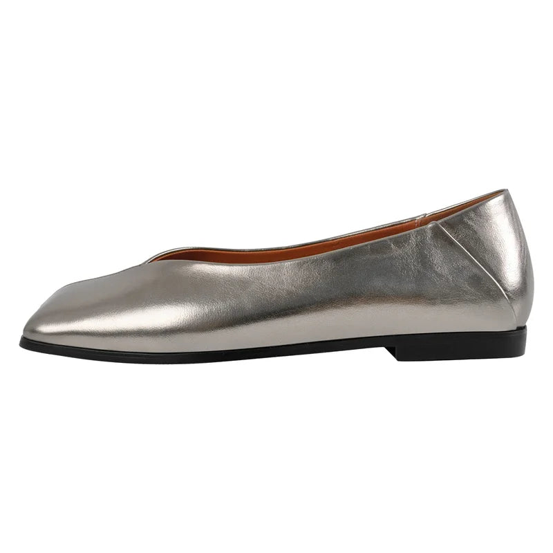 Women Square Toe Flats Metallic Leather Stylish Casual Shoes Silver Fashionable Loafer Flats