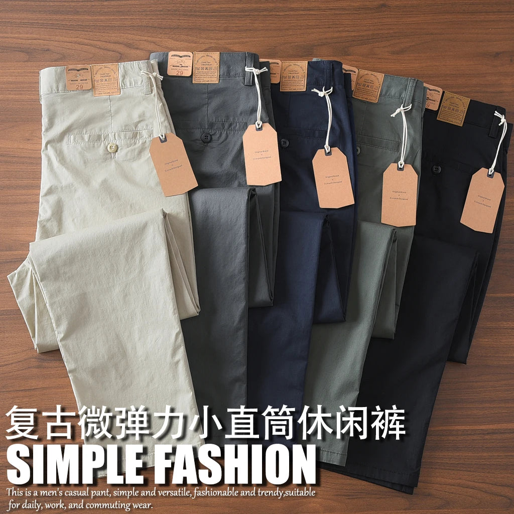 2025 Zomer Nieuwe Amerikaanse Retro Dunne Micro-Elastische Casual Broek Heren Eenvoudige 97% Katoenen Slim CHINO Business Rechte Broek