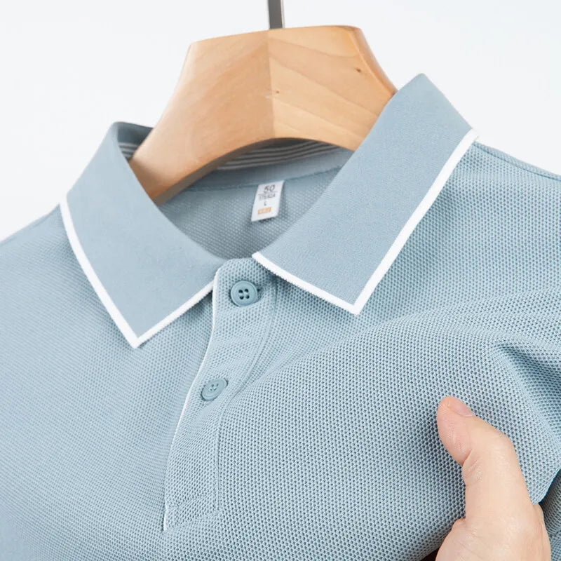Men's Business Casual Polo Shirt With White Trim Short Sleeve, Classic Collar Design, Breathable, & Male Stylish T-Shirt