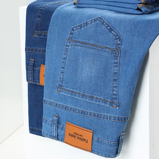 2025 Dunne of dikke stoffen kantoor- en zakenjeans voor heren, klassiek blauw, zwart, katoenen stretch, rechte denimbroek, herenmerkbroeken