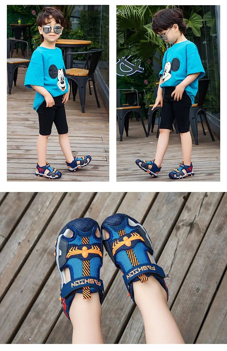 Children Sandals Male Summer Sandals Student Open Peep Toe Cartoon Beach Anti slip Soft Sole Black Blue Shoes Size 26-35