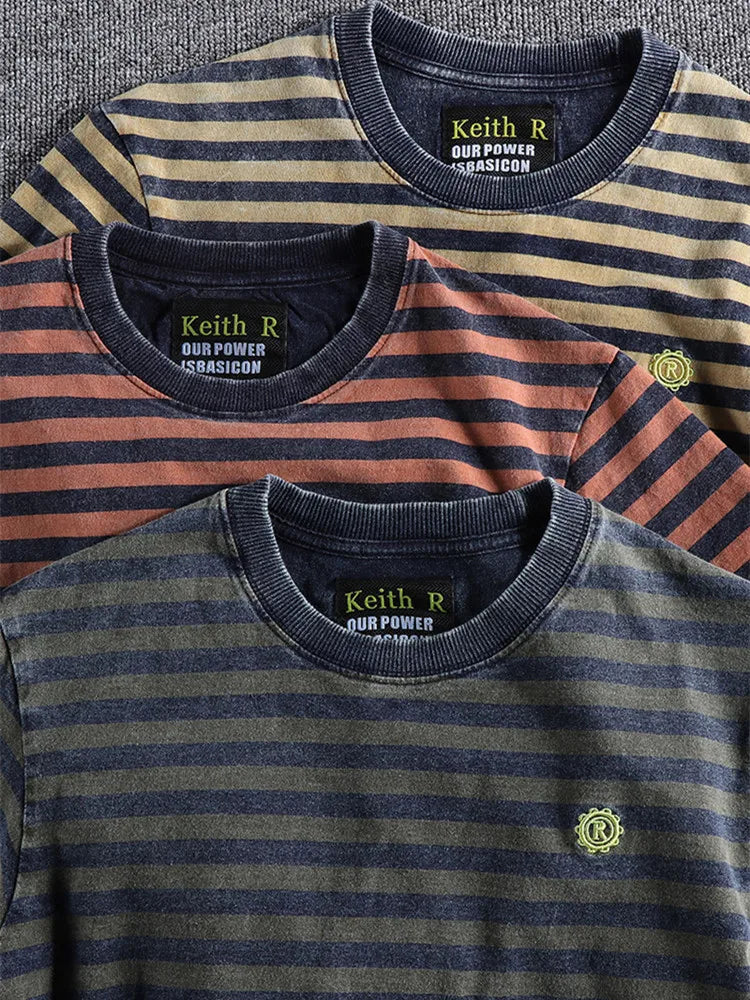 Summer New Japanese Retro Short Sleeve Striped T-shirt Men's Fashion 100% Cotton Slim Simple Round Neck Washed Old Casual Tops