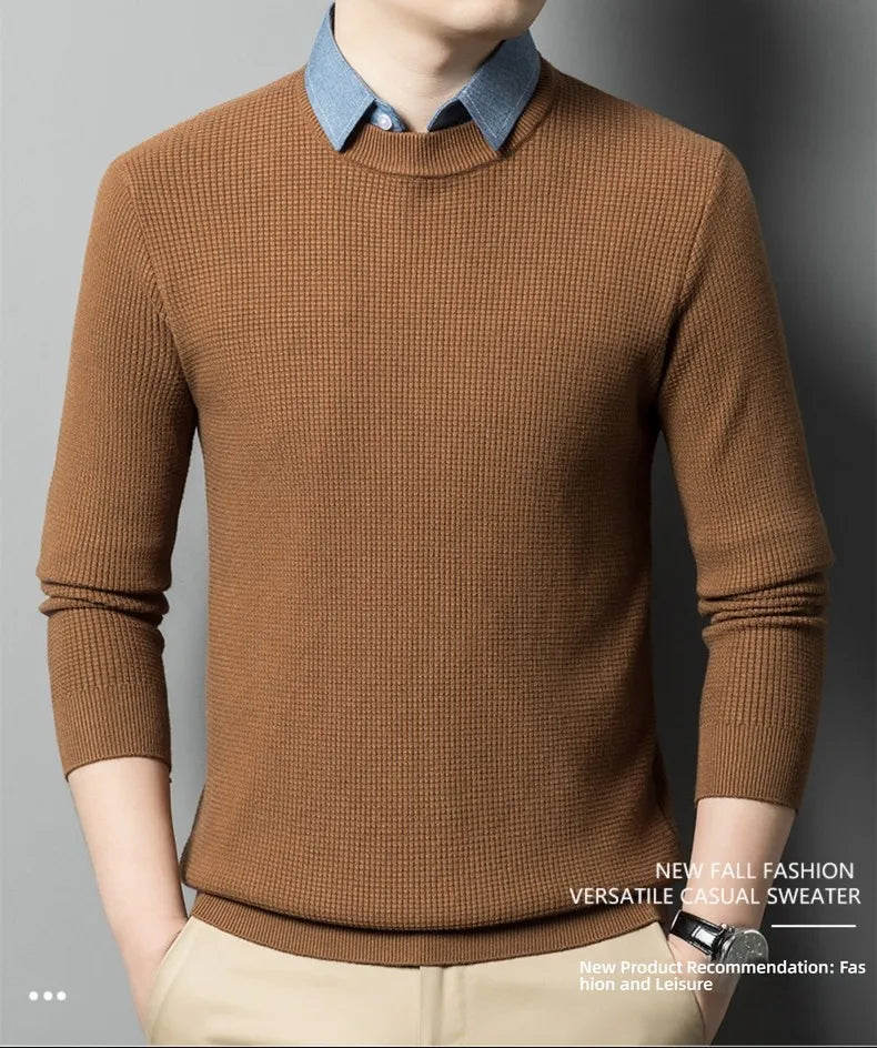 Men's Top Grade Fake Two Collared Fashion, Designer Knitted Pullover Sweater, Casual Brand Slim Fit Male Jumpers