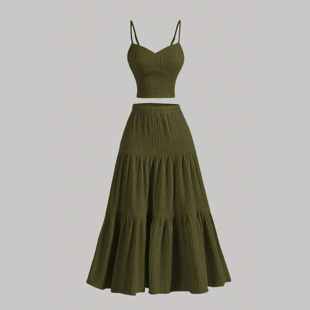 Sets Summer Simple Decent Solid Colour Screw Thread Sleeveless Sweetheart Neck High Waist Pleated Skirt Sets For Women