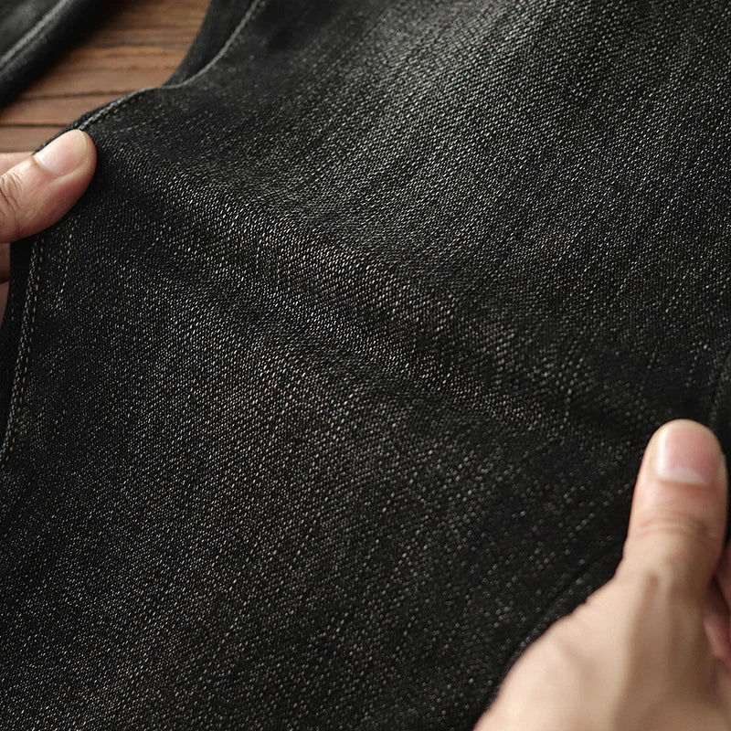 Herfst Nieuwe Amerikaanse Retro Zware Zwarte Denim Stretch Jeans Heren Eenvoudige Gewassen Oude Casual Rechte Slanke Potloodbroek