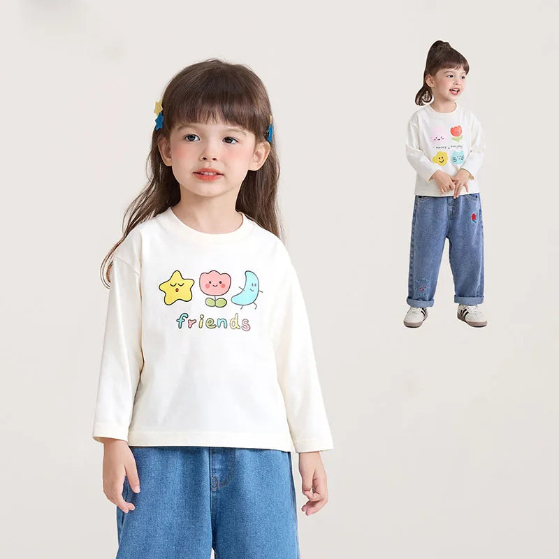 New Spring Girls Boys Cute T-shirt Kids Cartoon Letter Star Flower Undershirts Children Thin Style Bottoming Shirt 7T Unisex