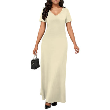 Women's Casual Short Sleeve Sexy V Neck Solid Color T Shirt Maxi Dress Summer Beach Swing Sundresses with Pockets