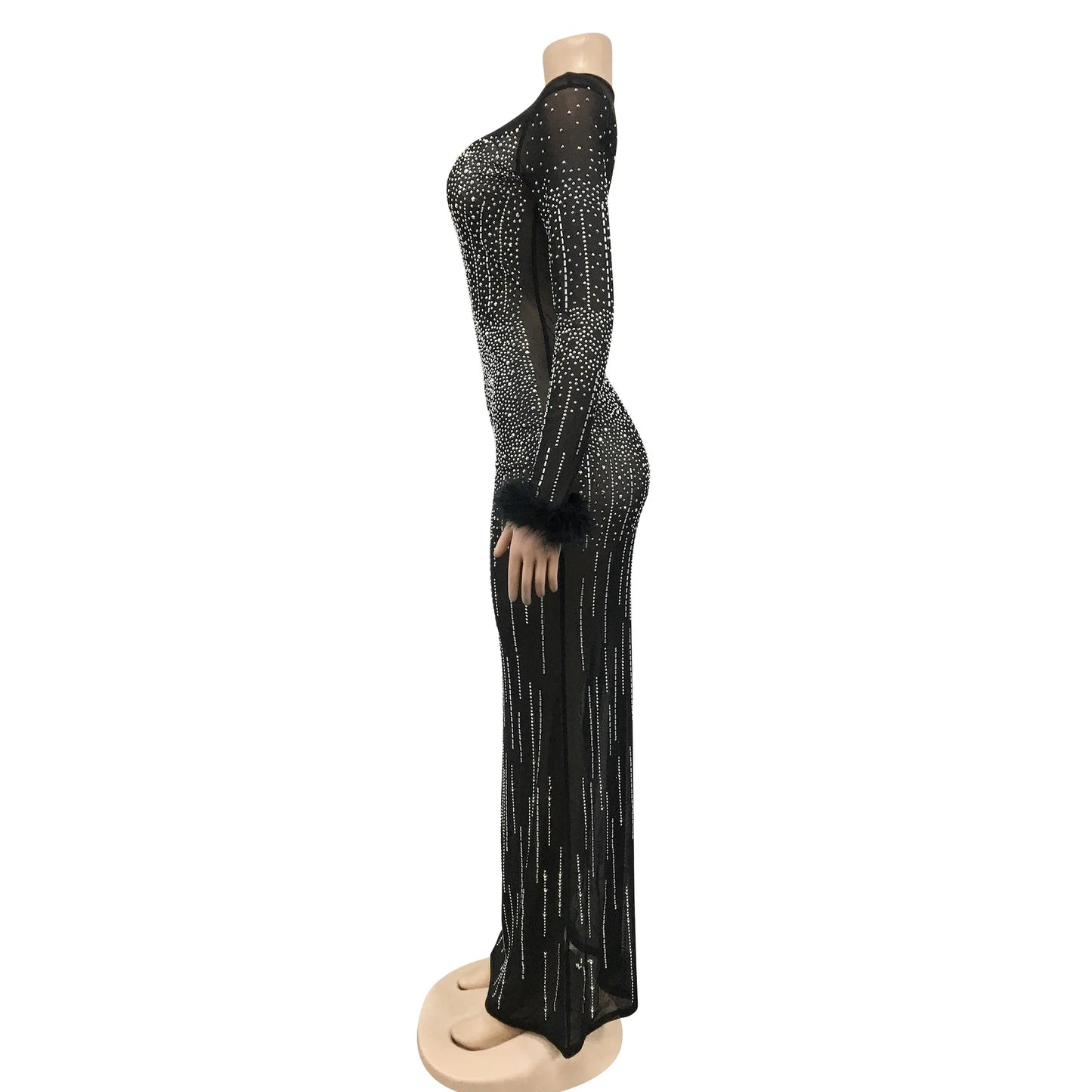 Sexy See Through Sheer Mesh Rhinestone Feather Long Sleeve Maxi Party Dress