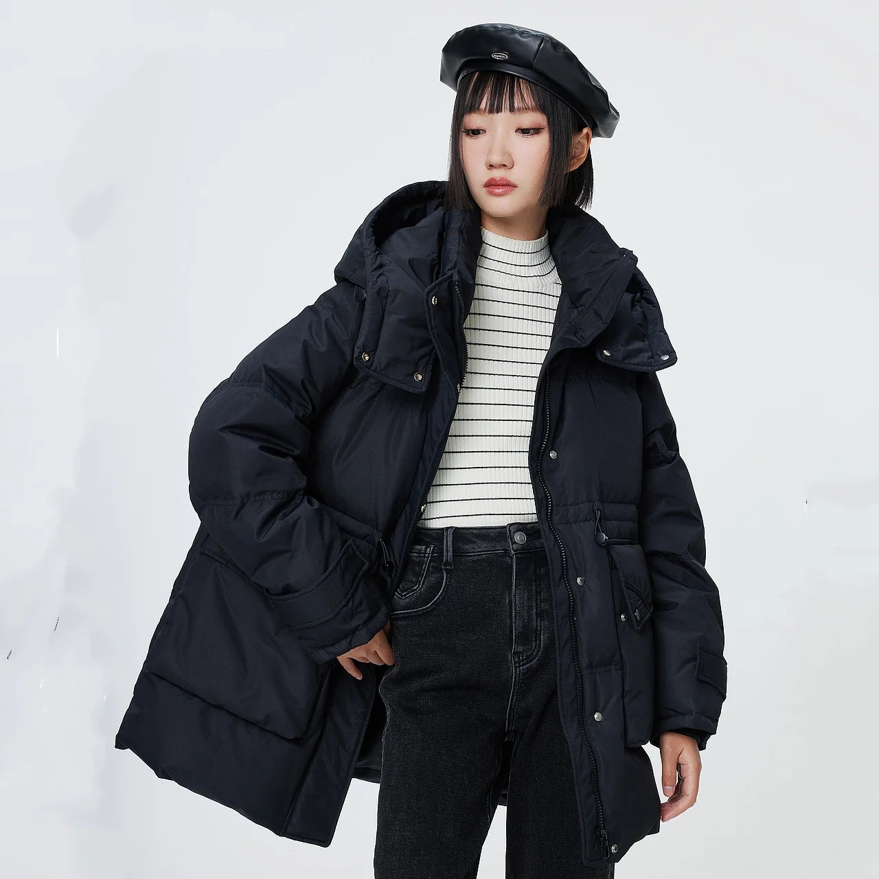 Women's Winter Warm Oversized Long Hooded Down Jacket, Adjustable Pig Nose, Buckle Waist Belt Utility Duck Down Parka For Ladies