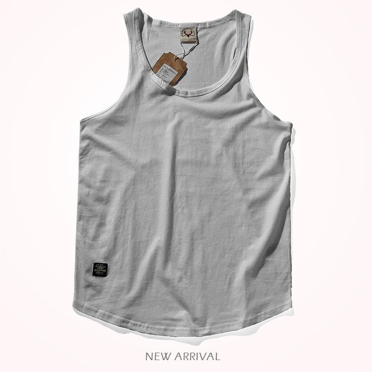 2023 Summer New American Retro Sleeveless O-neck Solid T-shirt Men's Fashion 100% Cotton Washed Old Casual Sports Vest Tops