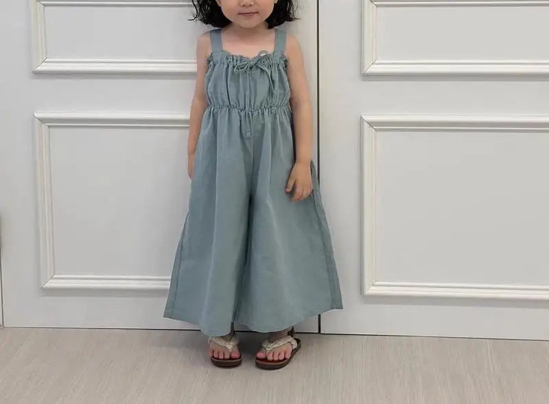 2025 Zomer Nieuwe Meisjes Mode Sling Wijde Pijpen Broek Katoen Kinderen Casual Overalls Kinderen Jumpsuit Effen Baby Meisjes Losse Broeken 4-6Y