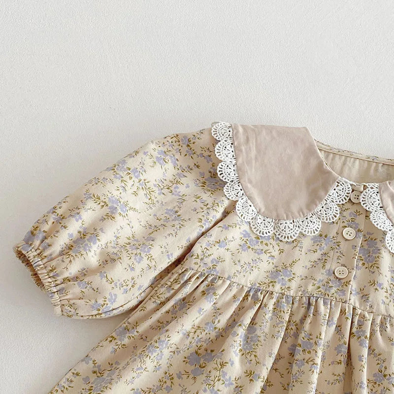 New Spring Girls Floral Dress Kids Cute Lace Doll Collar Princess Dress Children Sweet Flower Clothes For Kids 1-3Y Girls