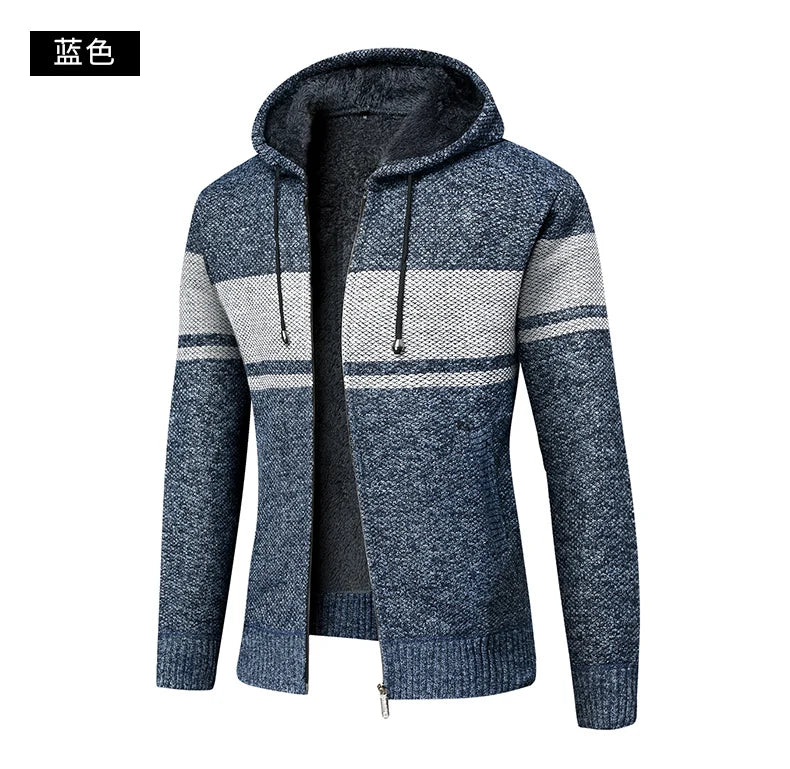 Men's High Quality Thick Plus Velvet New Brand Casual Fashion Hooded Jacket, Zipper Warm Patchwork Windbreaker Male Coats