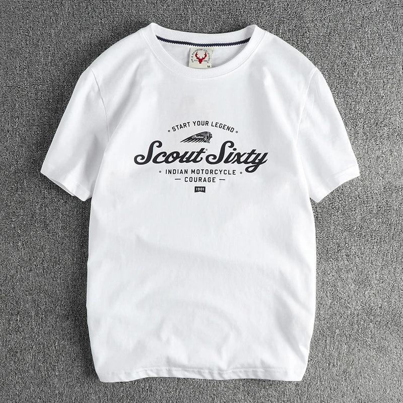 Zomer Nieuw Amerikaans Retro T-shirt met korte mouwen, ronde hals en Indiase letters, eenvoudig, 100% katoen, gewassen, casual, jeugdtops voor heren