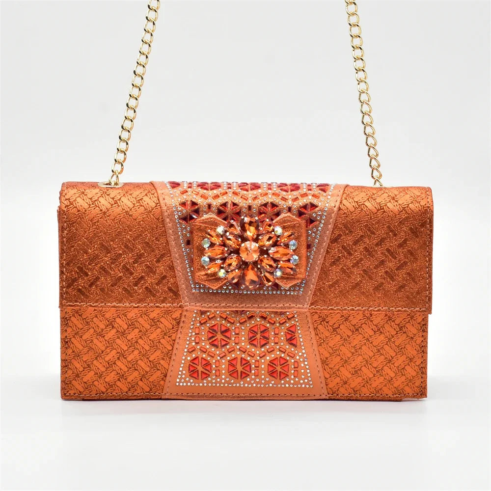 Orange Shoe and Bag Set Luxury Designer Shoes Women Matching Wedding Shoes and Bags Decorated with Rhinestone