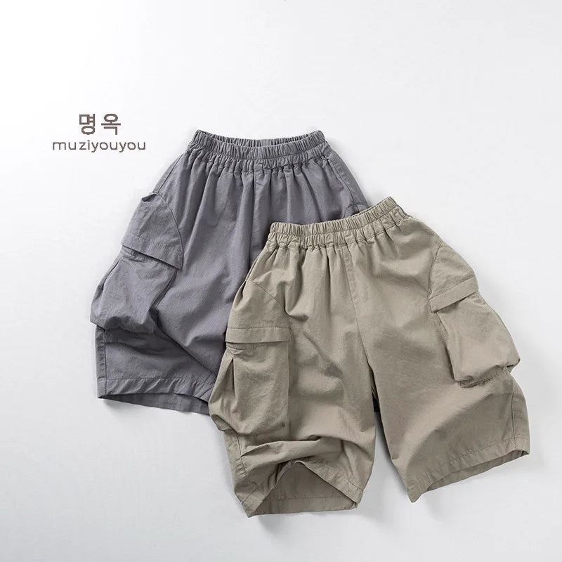 2025 Zomer Nieuwe Kinderen Casual Broek Katoen Jongens Veelzijdige Cargo Broek Effen Meisjes Dunne Losse Shorts Kinderen Outdoor Broeken 4-6Y Unisex