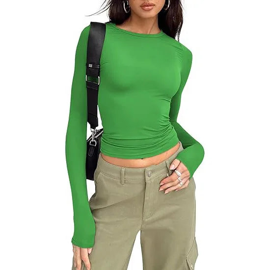 Fashion Senior Women's Long Sleeve Crew Neck Solid Slim Fit T-shirt Crop Top Ladies Daily Streetwear Casual Tee