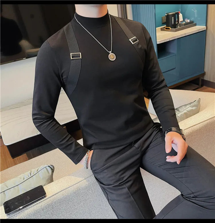 Men's Strap Long-Sleeved T-shirt For Autumn and Winter, Slim Fit Half Turtleneck Bottoming Shirt, Fashion City Knitwear
