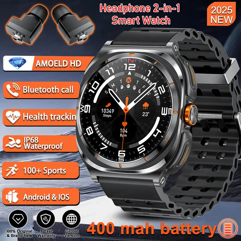 2025 Outdoor Sport Smartwatch AMOLED-scherm Hartslagmeter Waterdicht Bellen TWS Headset Smartwatch Voor Mannen - Compatibel met HUAWEI &amp; Samsung Galaxy IOS
