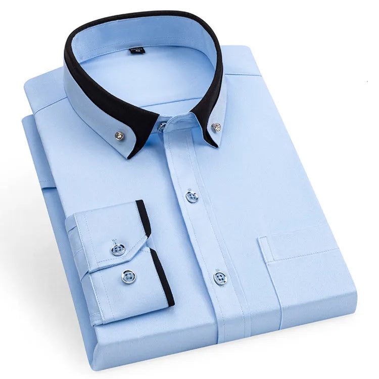 Men's Double Collar Shirt Long Sleeves Fashion Formal Classic Business Dress Shirt Black Casual Slim Fit Breathable Non-Iron Top
