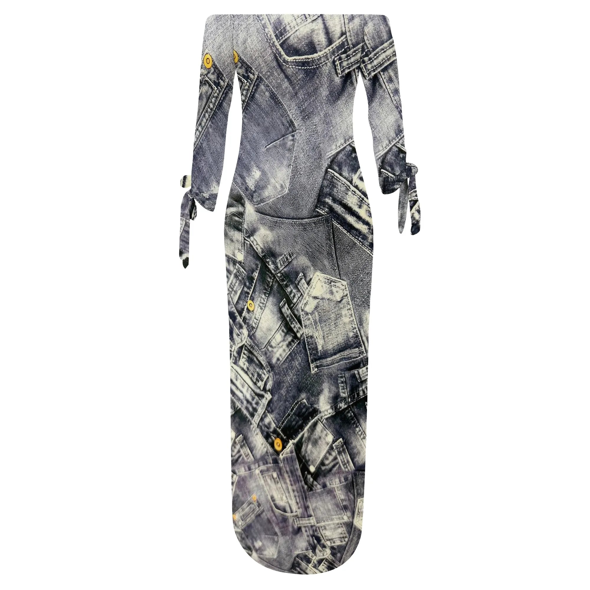 Denim Retro Print Long Sleeve Slim Fit Elegant Casual Slit One-Shoulder Neck Dress