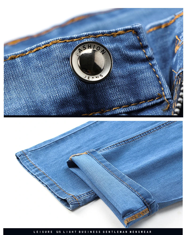 2025 Dunne of dikke stoffen kantoor- en zakenjeans voor heren, klassiek blauw, zwart, katoenen stretch, rechte denimbroek, herenmerkbroeken