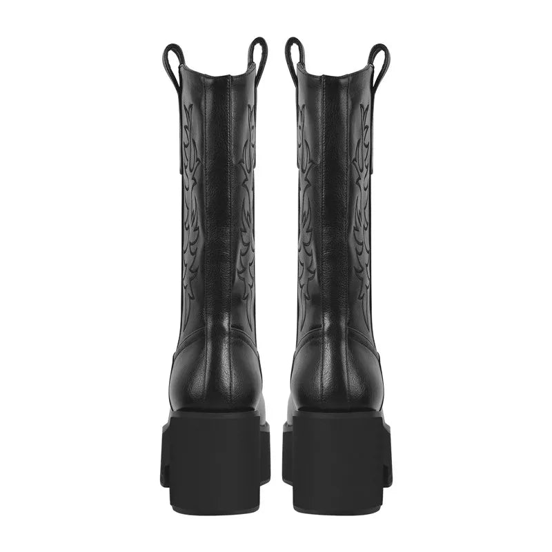 Women Platform  Mid Calf Boots Black Chunky High Heels  Big Size Lady Short Booties