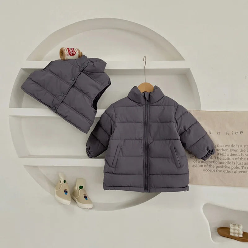 Winter Kids Parkas Thicken Vest And Parkas 2 Pcs Boys Long Parka Cotton Lining Girls Jacket 4-6Y Unisex