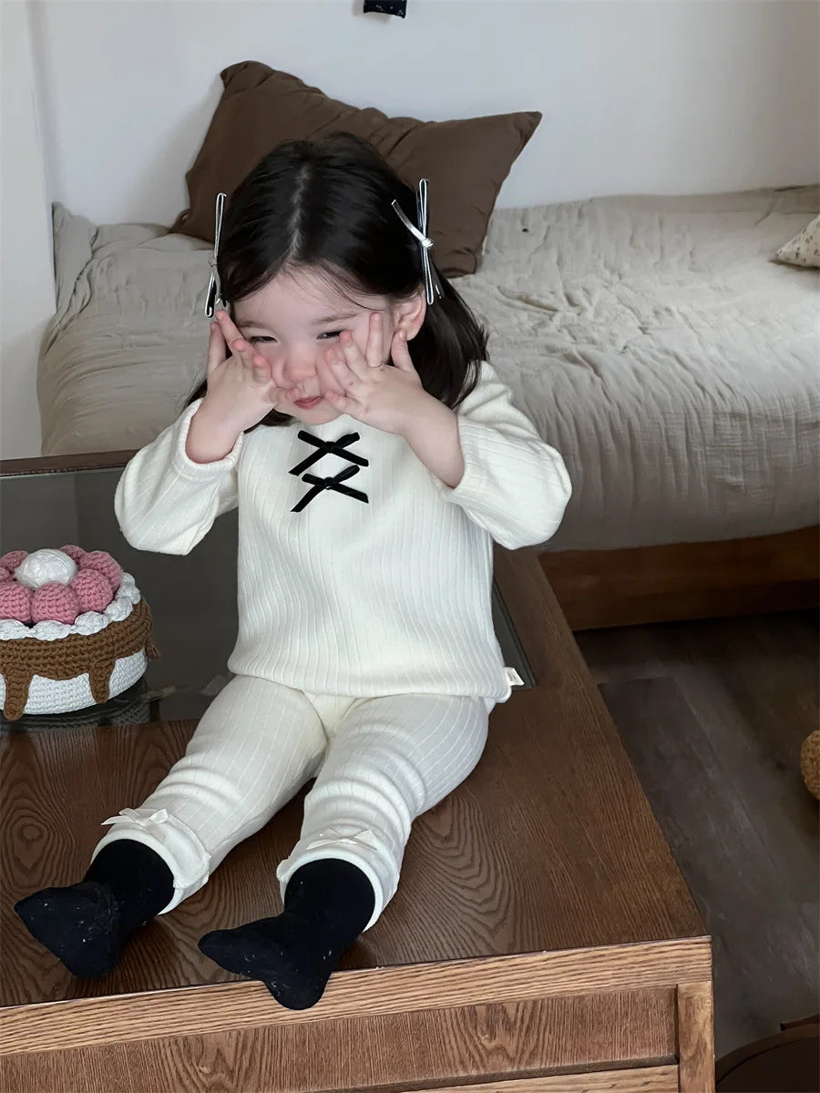2025 Winter Nieuwe Baby Dikke Warme Kledingset Meisjes Strik Fleece Bottoming Shirts + Leggings 2 Stuks Pak Peuter Plus Fluwelen Kleding