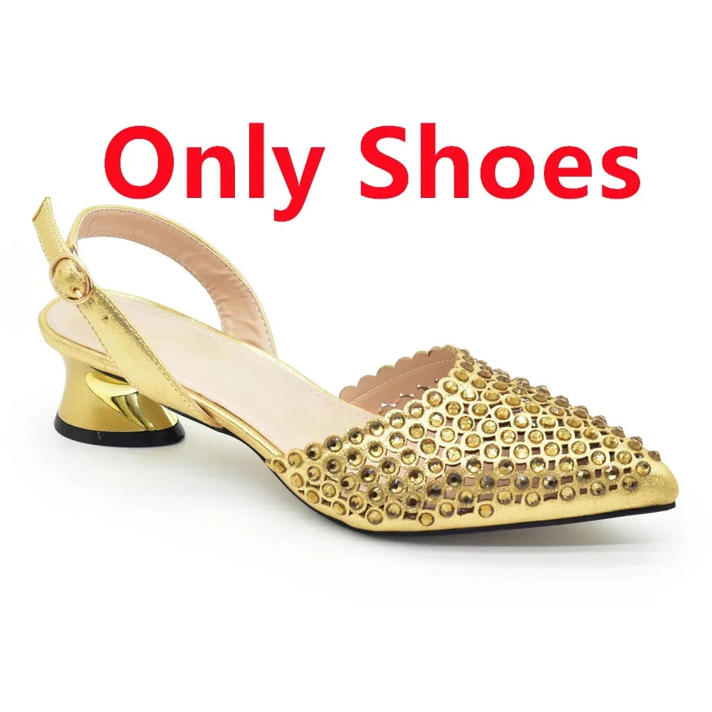 Italian Shoes with Matching Bags Set Rhinestone-Decorated with Medium Heels  for African Ladies' Party Pumps