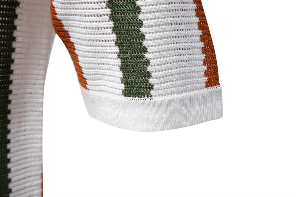 Men's Ribbed Knit Polo Shirt For Breathable Striped Casual Wear with Comfortable Collar High quality Male Polo Shirt