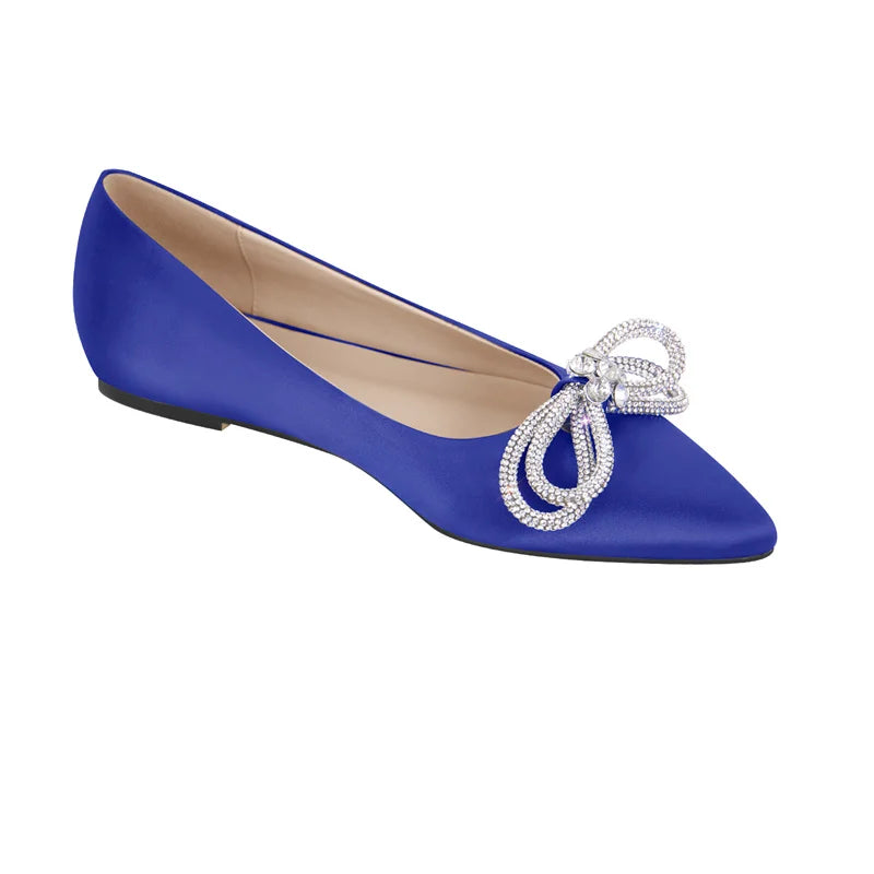 Woman Flats Pointed Toe Blue Rhinestones Bow  Clear Flat Daily Elegant Female Slip On Shoes