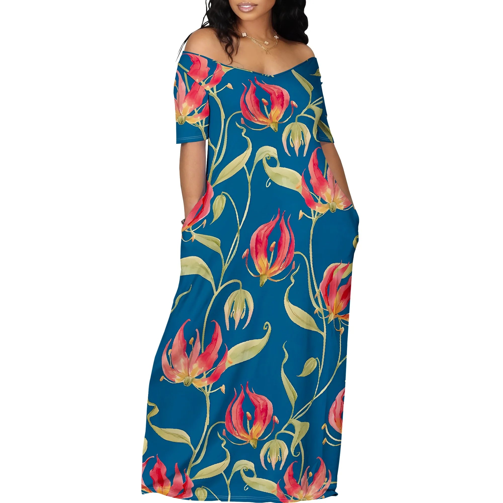 Floral Off Shoulder Maxi Dress Blue Background Summer Holiday Garden Style