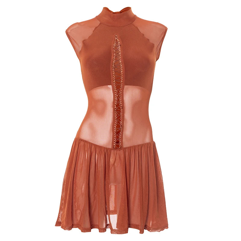 Hollow Sexy Dress Women o-Neck Coquette Sleeveless Patchwork Pleated Hem Halter Summer Midnight Clubwear Mini Bodycon