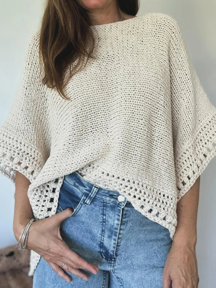 Solid Batwing Sleeve Hollow-out Top Pullovers Casual Cover Up