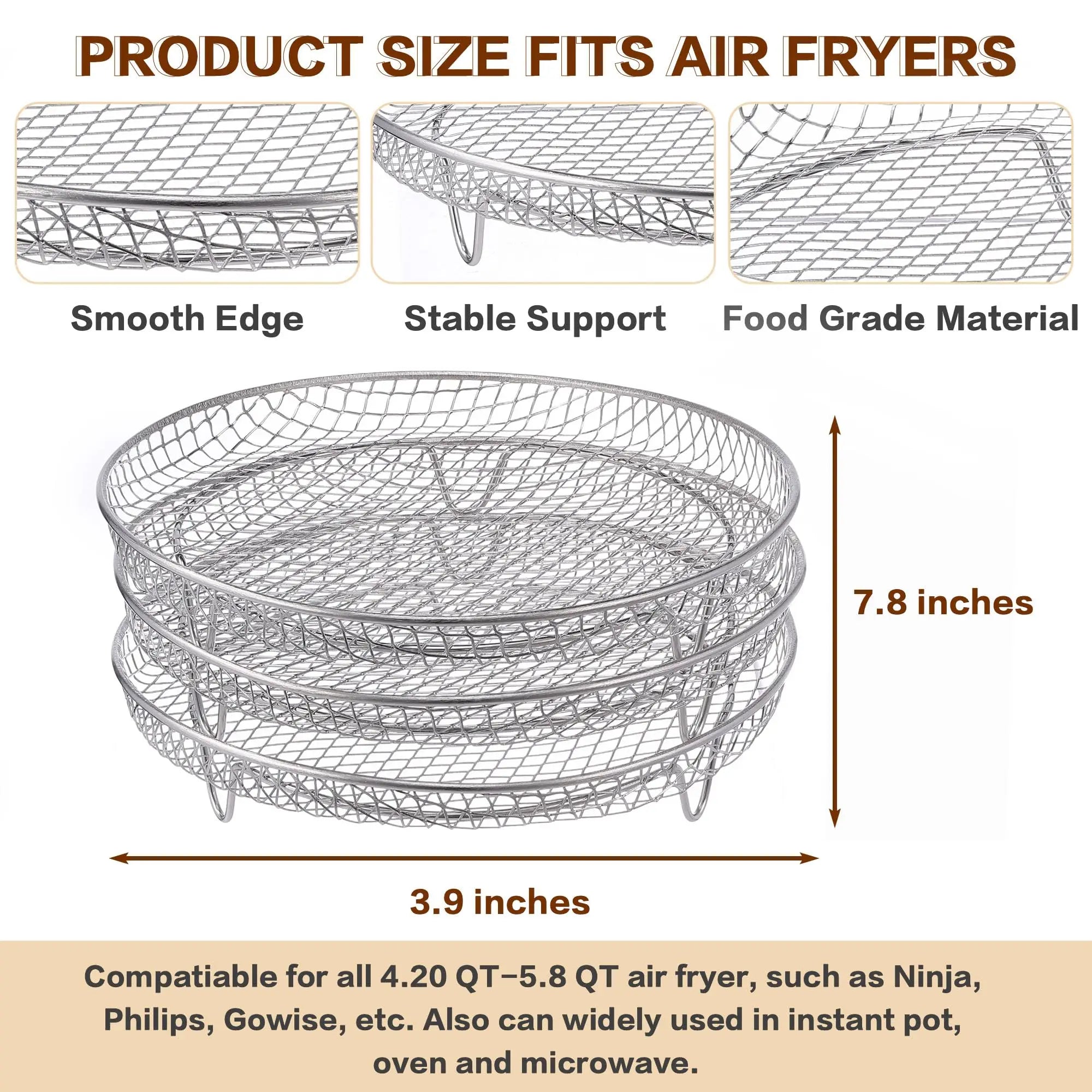 Air Fryer Rack, Set of 3, Stackable Multi-Layer Stainless Steel Dehydrator Rack, Air Fryer Accessories Oven Steamer Basket
