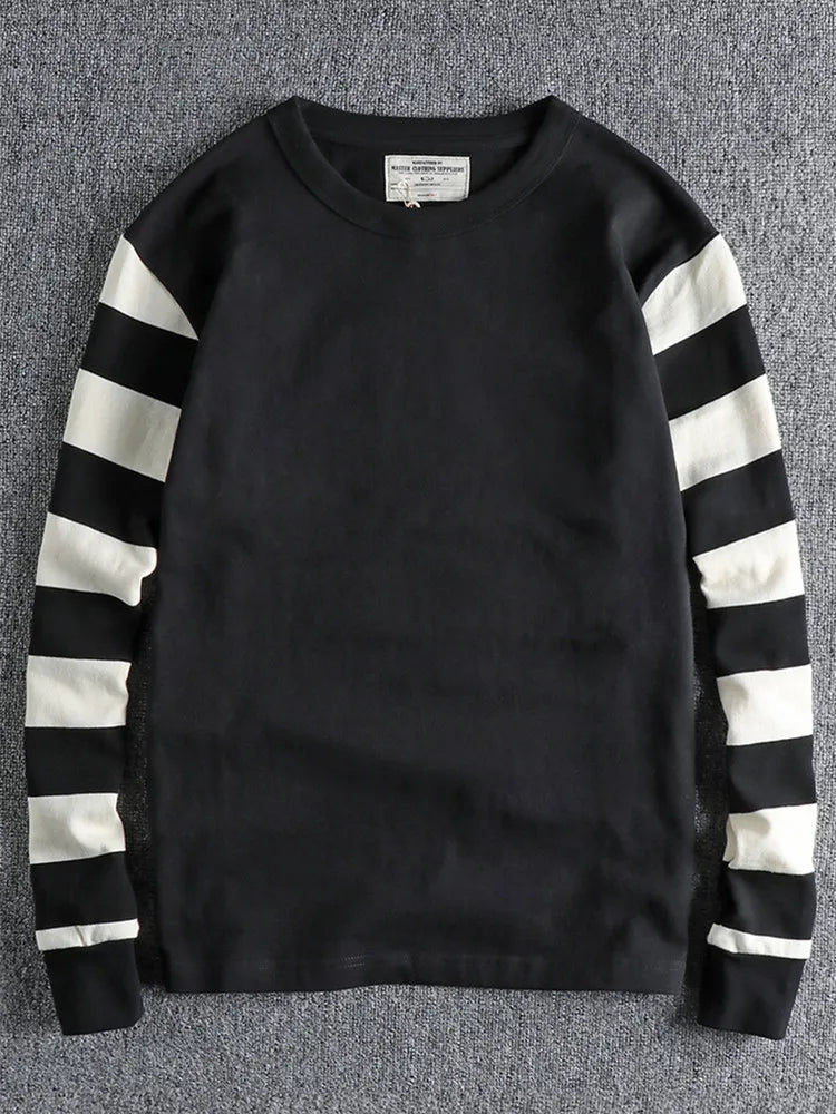 Autumn American Retro Long Sleeve Heavyweight Striped T-shirt Men's Fashion Pure Cotton Washed Prisoner Motorcycle Casual Tops