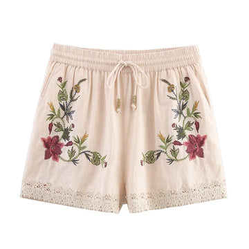 Casual shorts met bloemenborduursel voor dames, elastische tailleband en trekkoorden, polyester shorts voor de middelbare leeftijd, zomercollectie 2025