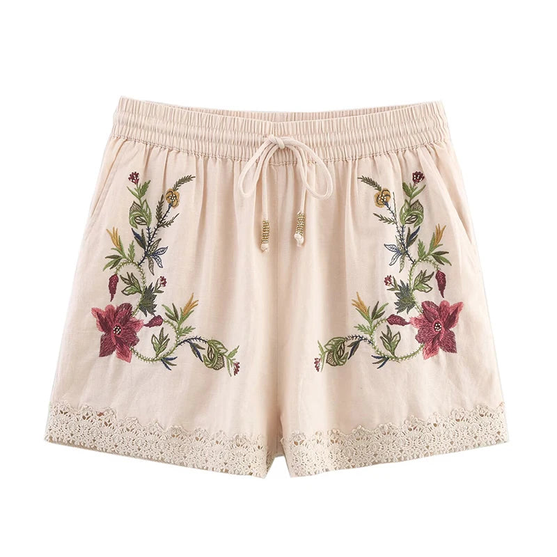 Casual shorts met bloemenborduursel voor dames, elastische tailleband en trekkoorden, polyester shorts voor de middelbare leeftijd, zomercollectie 2025