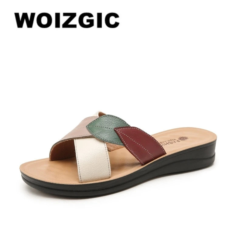 Women Female Ladies Mother Genuine Leather Shoes Sandals Platform Slipper Summer Cool Beach Soft Slip On Outside