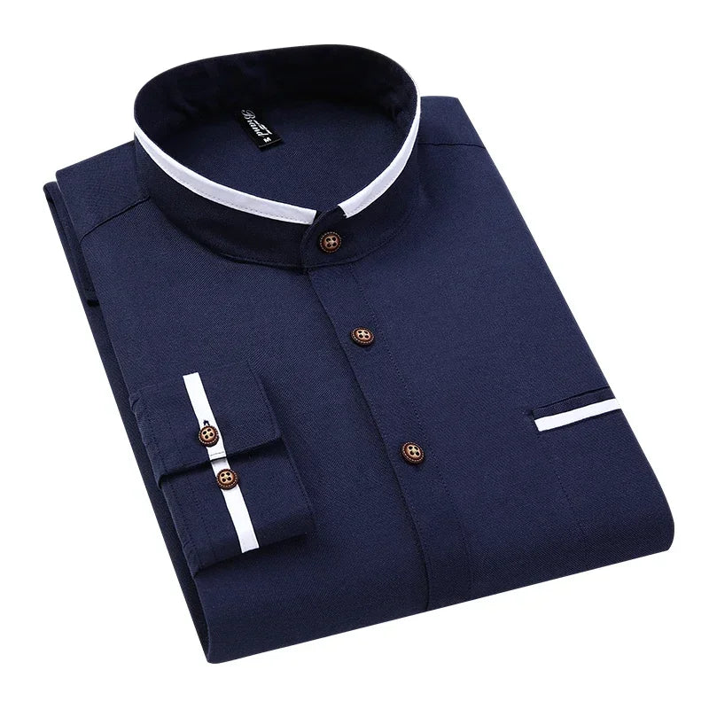 Autumn Long Sleeve Shirt Men Oversized Shirts Men Pocket Design Korean Style Stand-up Collar Slim Shirt Men's Clothing