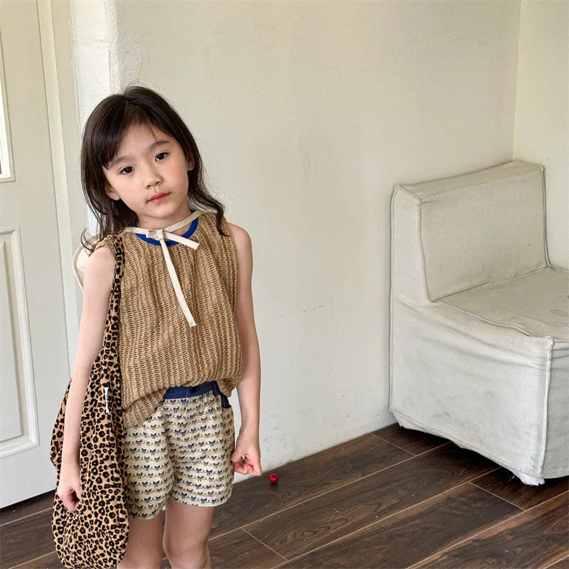 2025 Zomer Nieuwe Baby Meisjes Strik Print Shorts Katoenen Kinderen Losse Shorts Kinderen Veelzijdige Casual Broek Ademende Peuterkleding 4-6Y