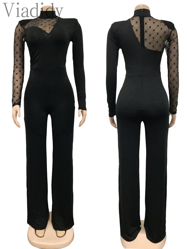 Women Dot Mesh Patchwork Long Sleeve Straight Jumpsuit