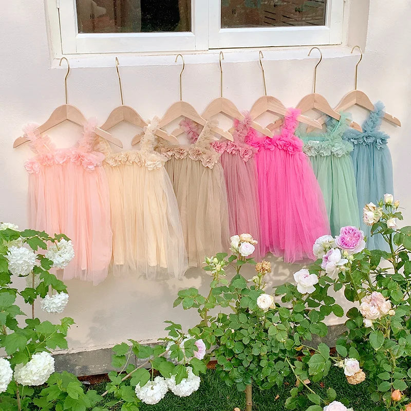 Summer Kids Sweet Mesh Dress Girls 6 Colours Suspended Floral Beach Skirt Children Tutu Princess Dress 1-6Y Girls
