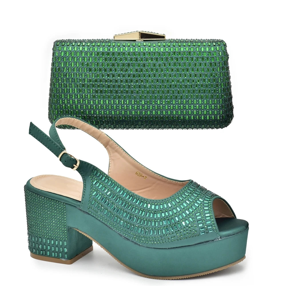 Africa Shoe and Bags Set Decorated with Rhinestone Wedges Shoes for Women Italian Women Wedding Shoes with Bag Set