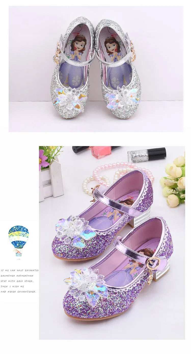 Frozen Elsa Princess Girls Leather Crystal Shoes Glitter Casual High Heels Girls Sandals Pink Blue Silver Elsa Shoes
