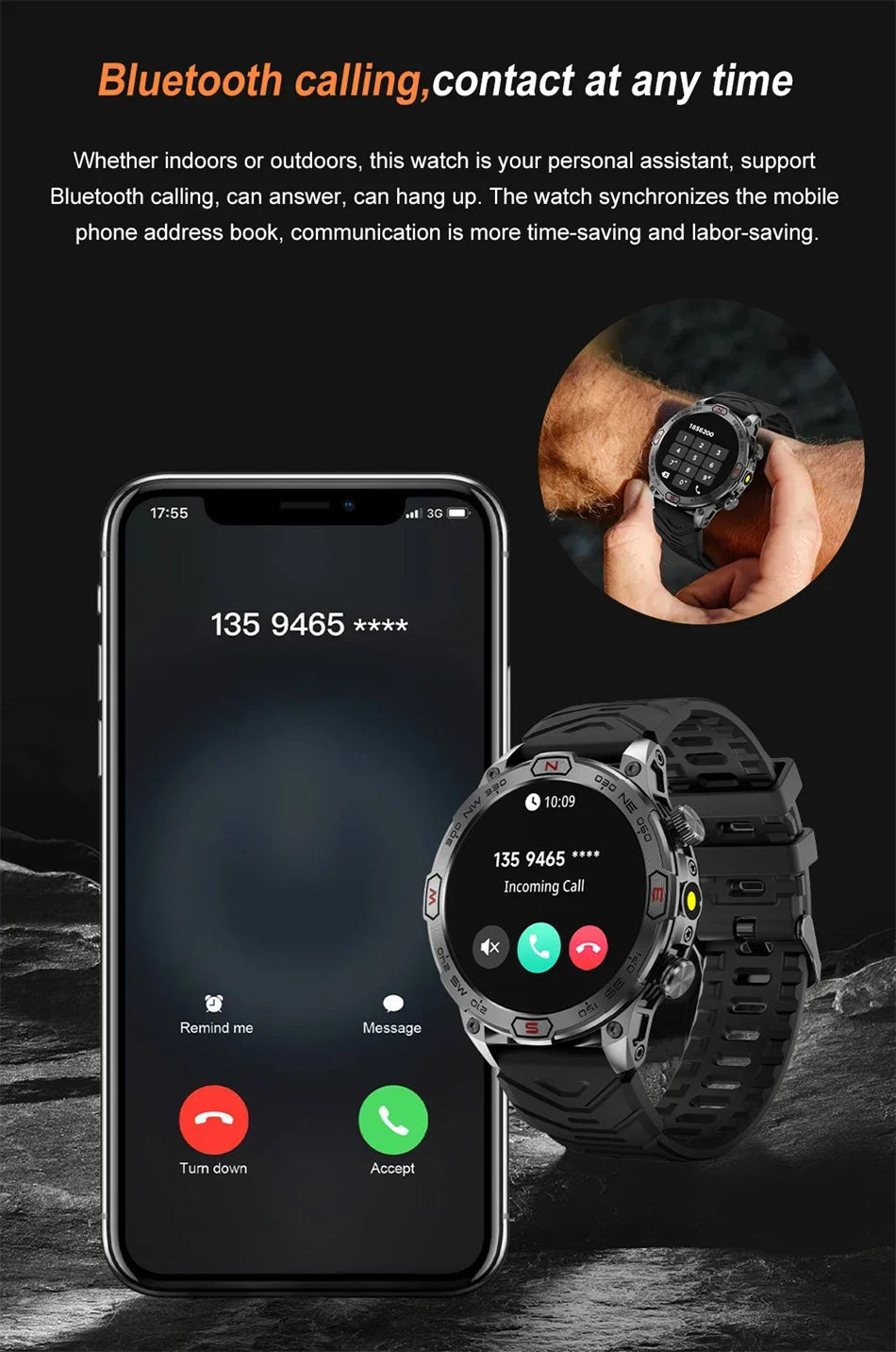 Outdoor Military Smart Watch Men Compass GPS Track Bluetooth Call IP68 Waterproof AMOLED Screen Smartwatch Compatible with Android IOS